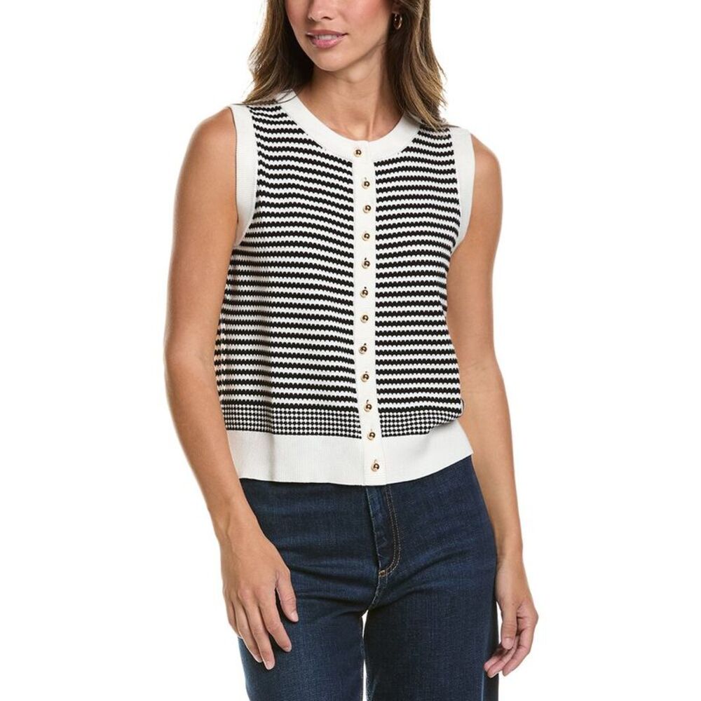 Adrianna Papell Womens Crewneck Striped Button Front Cardigan, White